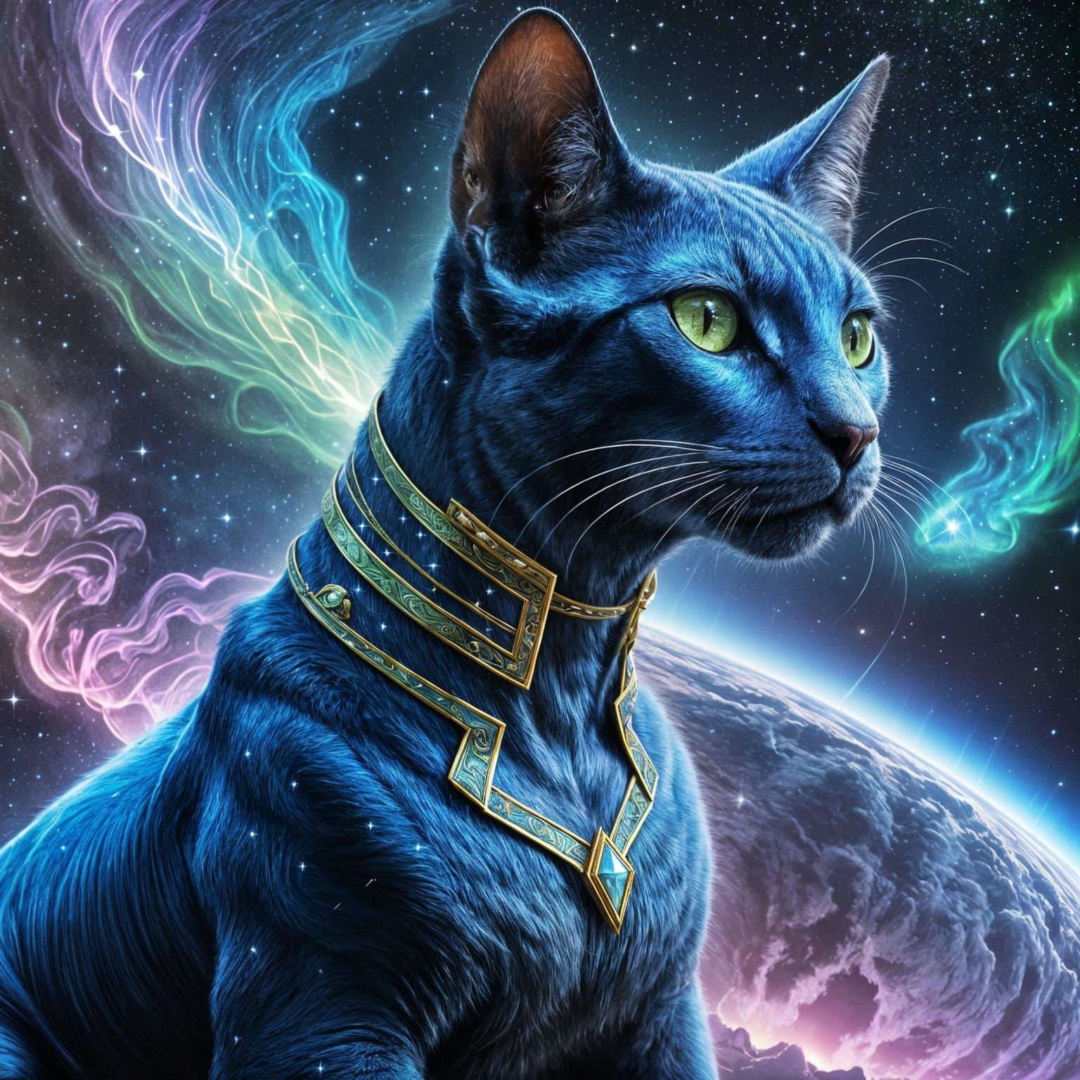 Blue Space Cat with Aurora Crown