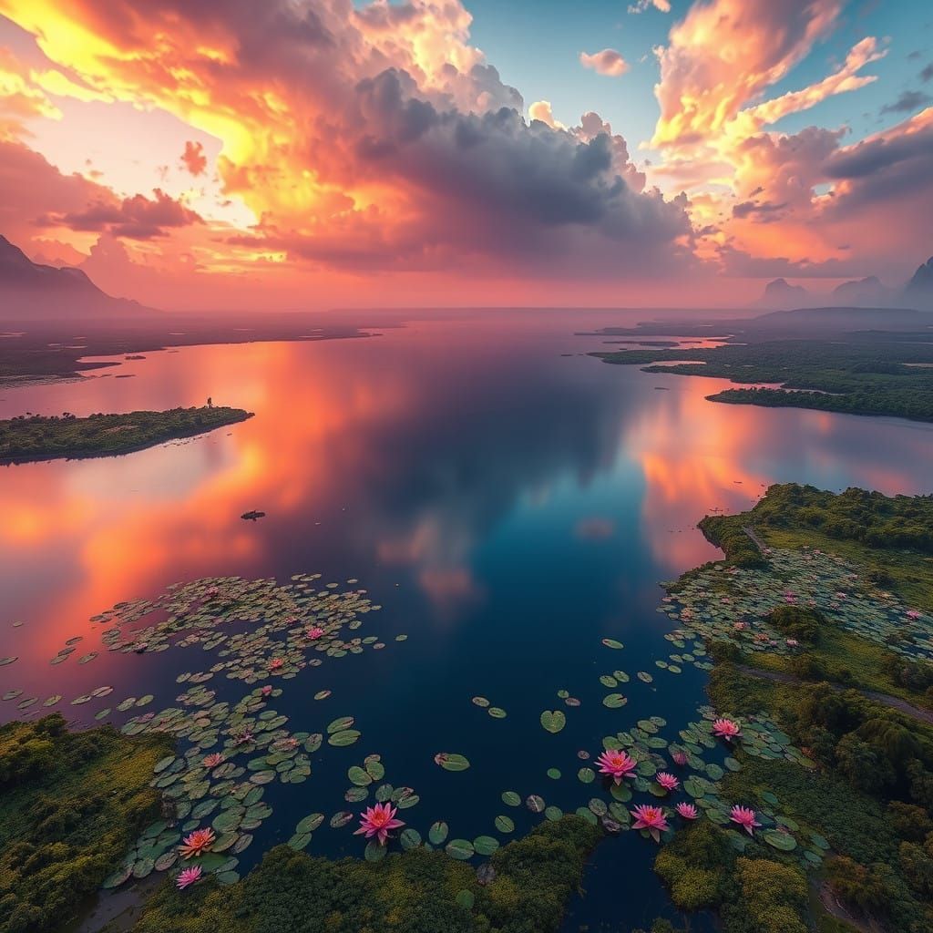 East African Lake Panorama in Fantastical Matte Painting Sty...