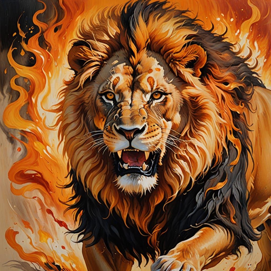 Aflame maned lion action shot oil painting