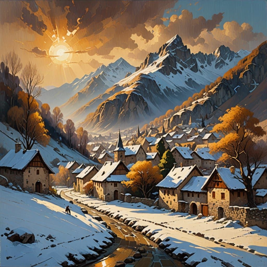 Serene Medieval Village Oil Painting Beneath Snow-Capped Mou...
