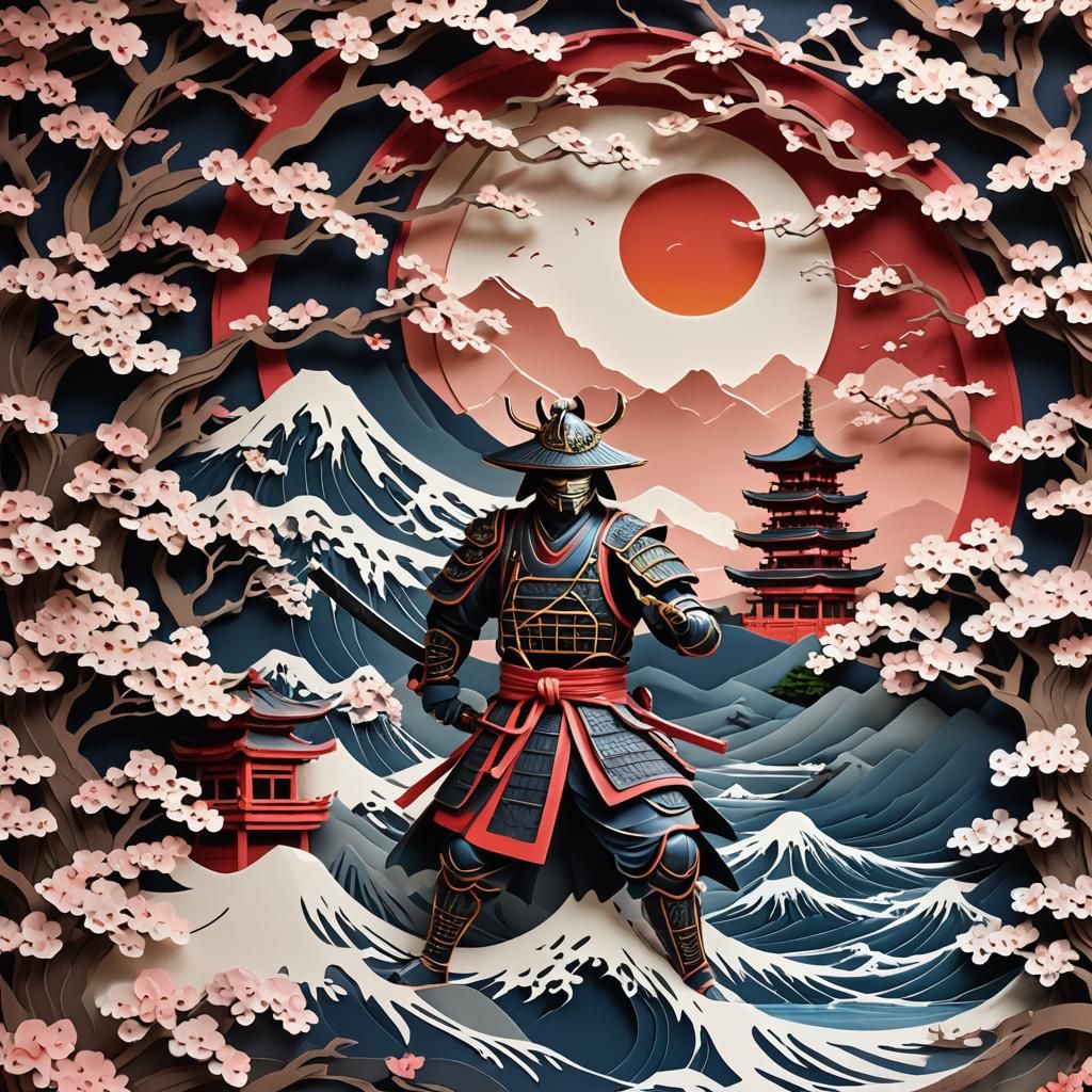 Samurai Ninja at Pagoda in Kirigami Style
