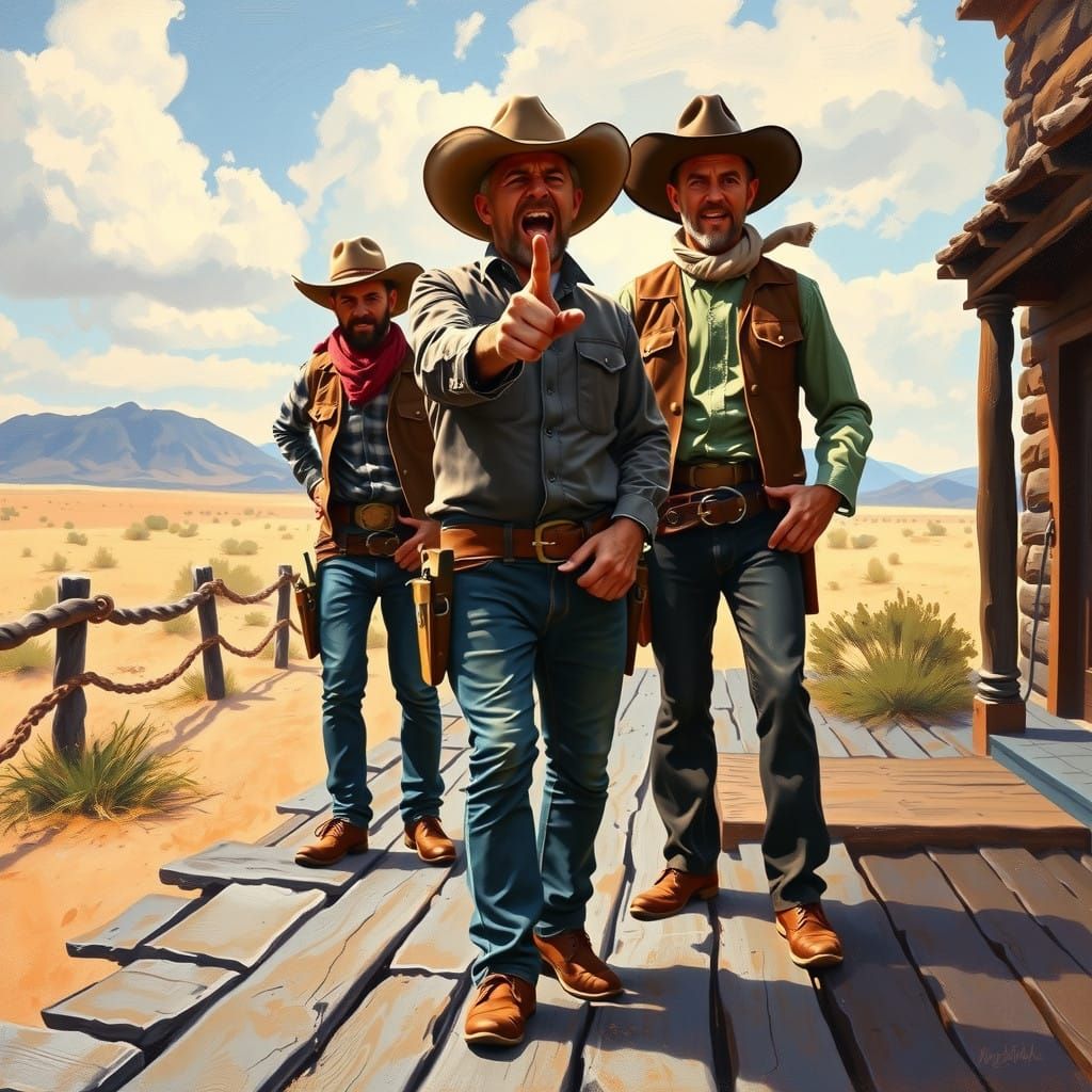Wild West Cowboys Confrontation in Oil Painting