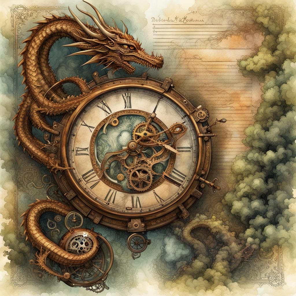 Steampunk Dragon Forest on Notepad Page in Watercolor