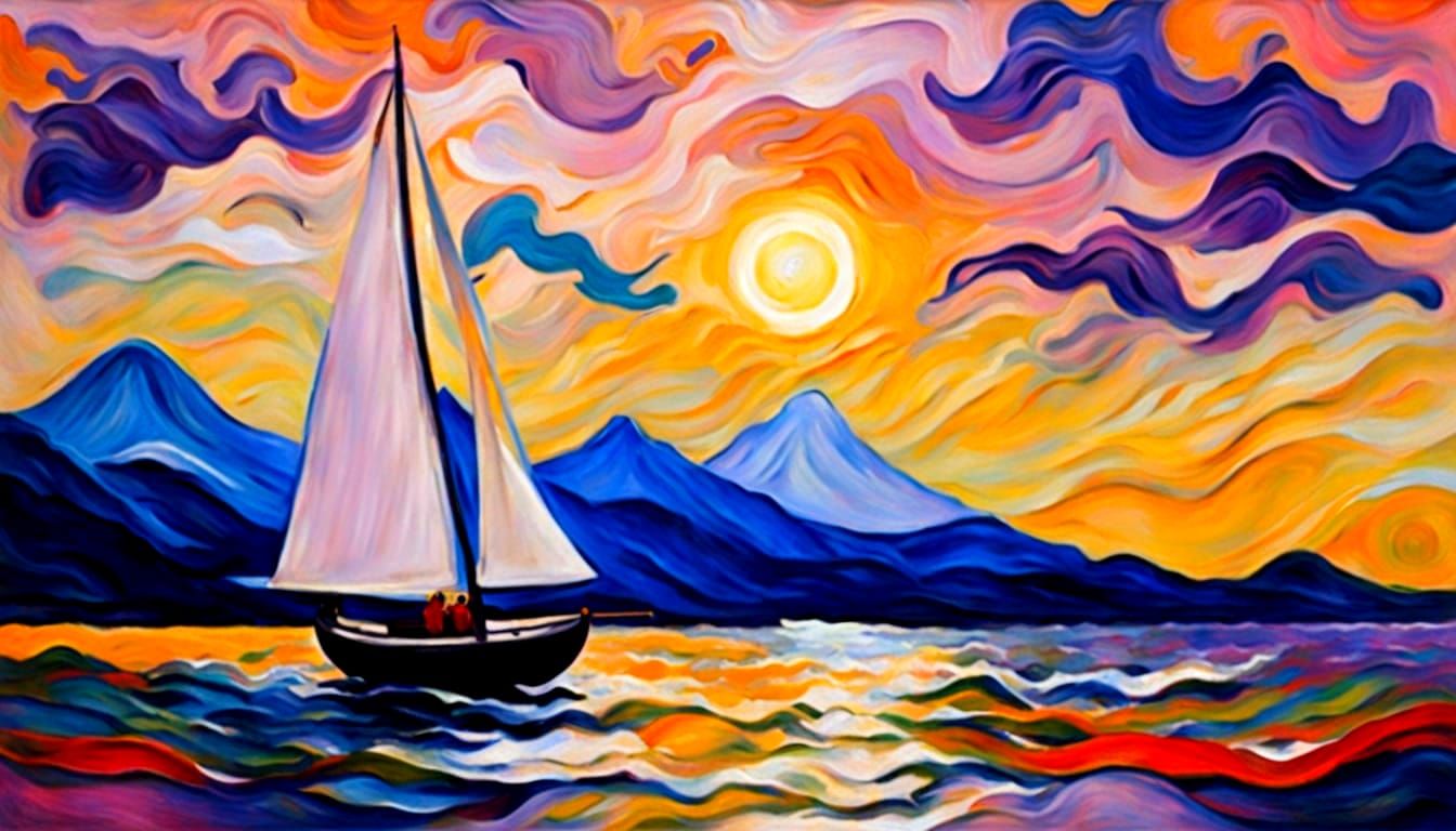 Sailboat Amidst Sunset Waves in Neo-Impressionist Oil