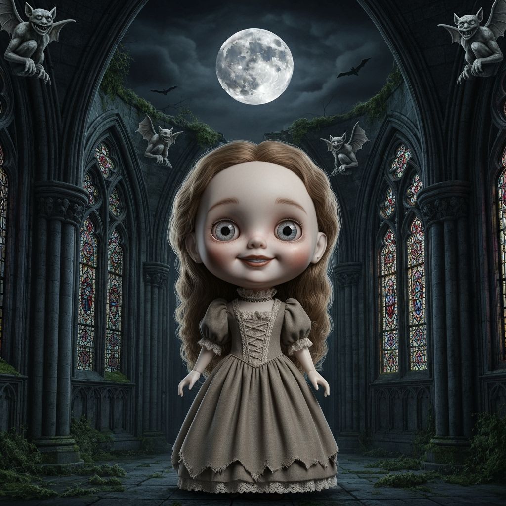 Eerie Porcelain Doll in Tattered Victorian Gown