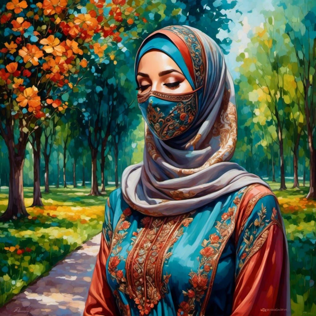 Woman in Hijab and Mask, Detailed Digital Painting