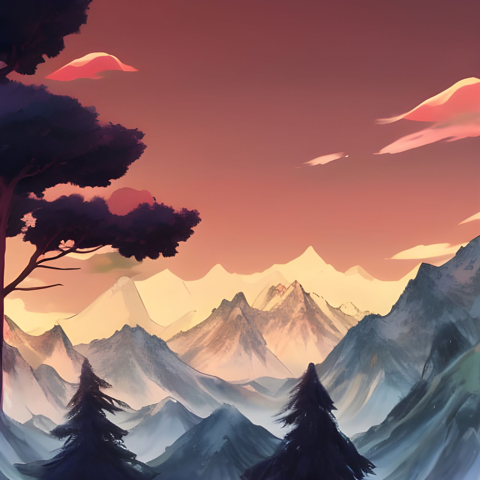 Snowy Chinese Mountains with Sakura Tree in Anime Style