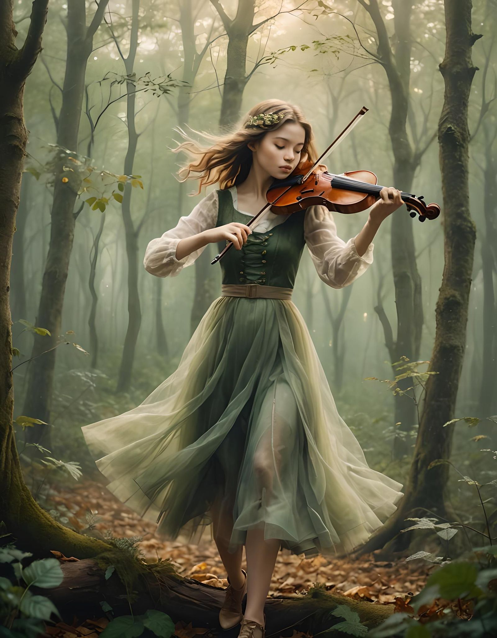 Girl Plays Violin in Dreamy Impressionist Forest