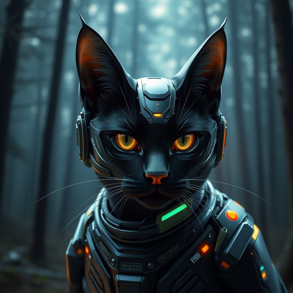 Cyberpunk Black Cat Shines in Futuristic Forest Landscape