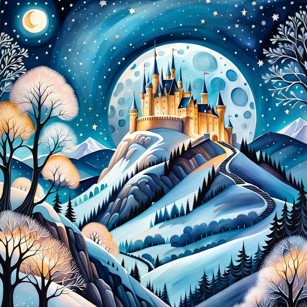 Winter Moonscape Castle in Art Brut Style