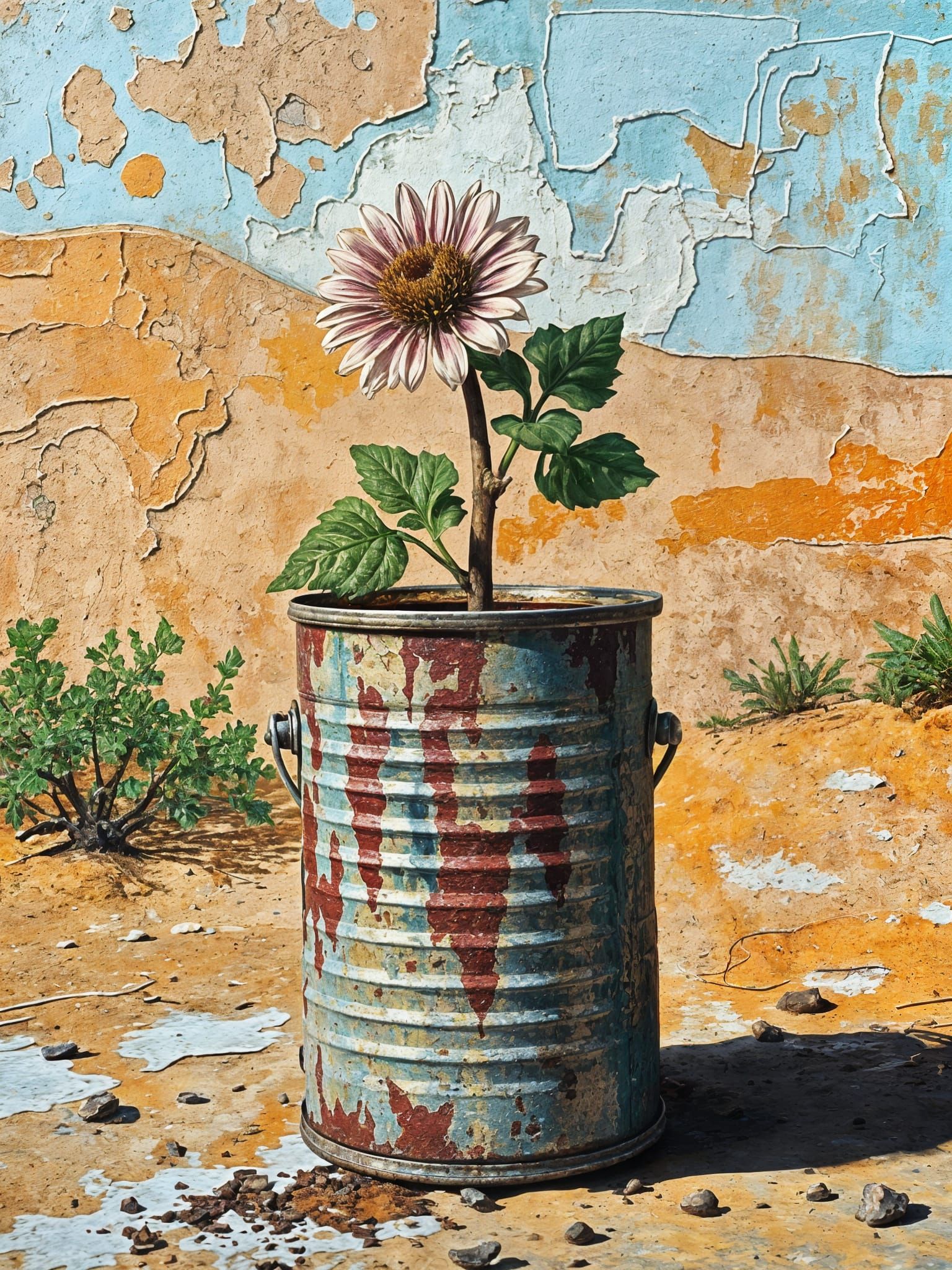 Flower in Rusty Can in Desert, Neo-Impressionist Style