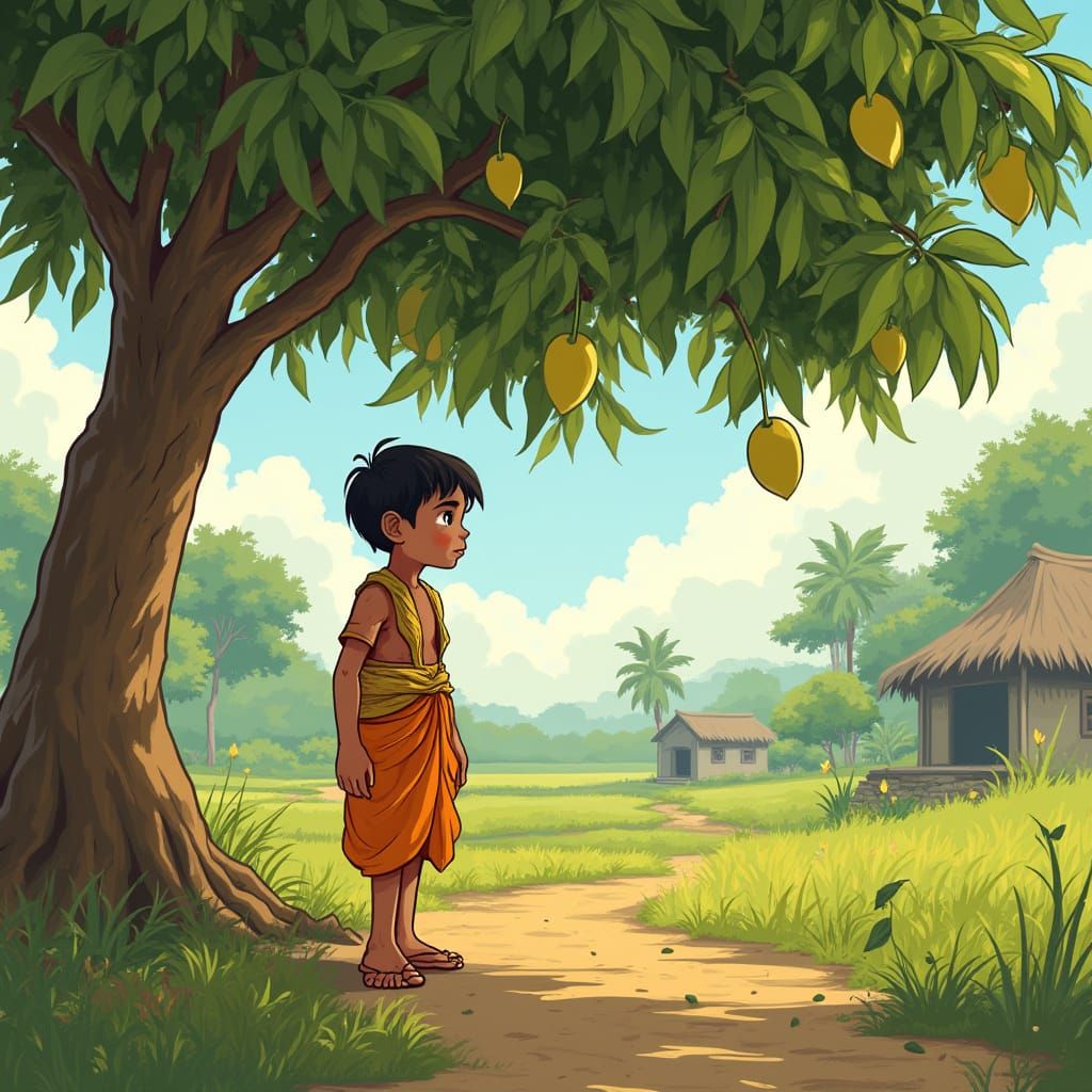 Village Boy Stealing Mango, Folk Art Style