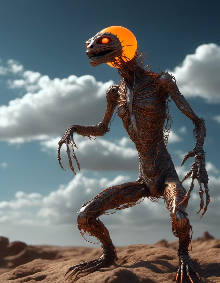 <lora:NC Hyperreal:1.0> <lora:Alita X:1.0> A lizard man with a white bone mask and glowing orange eyes wearing a copper ...