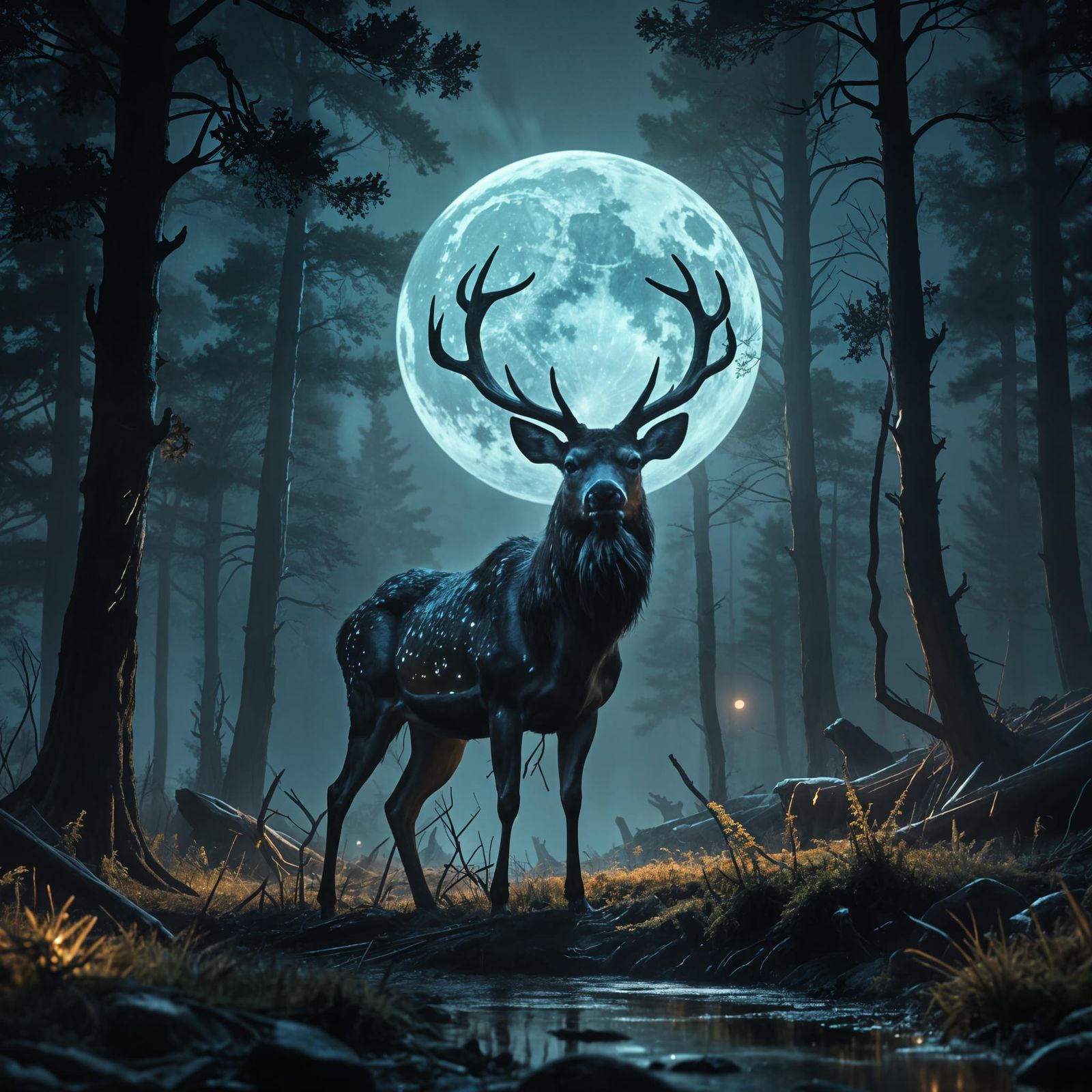 Mystical Deer in Forest Under Moonlight