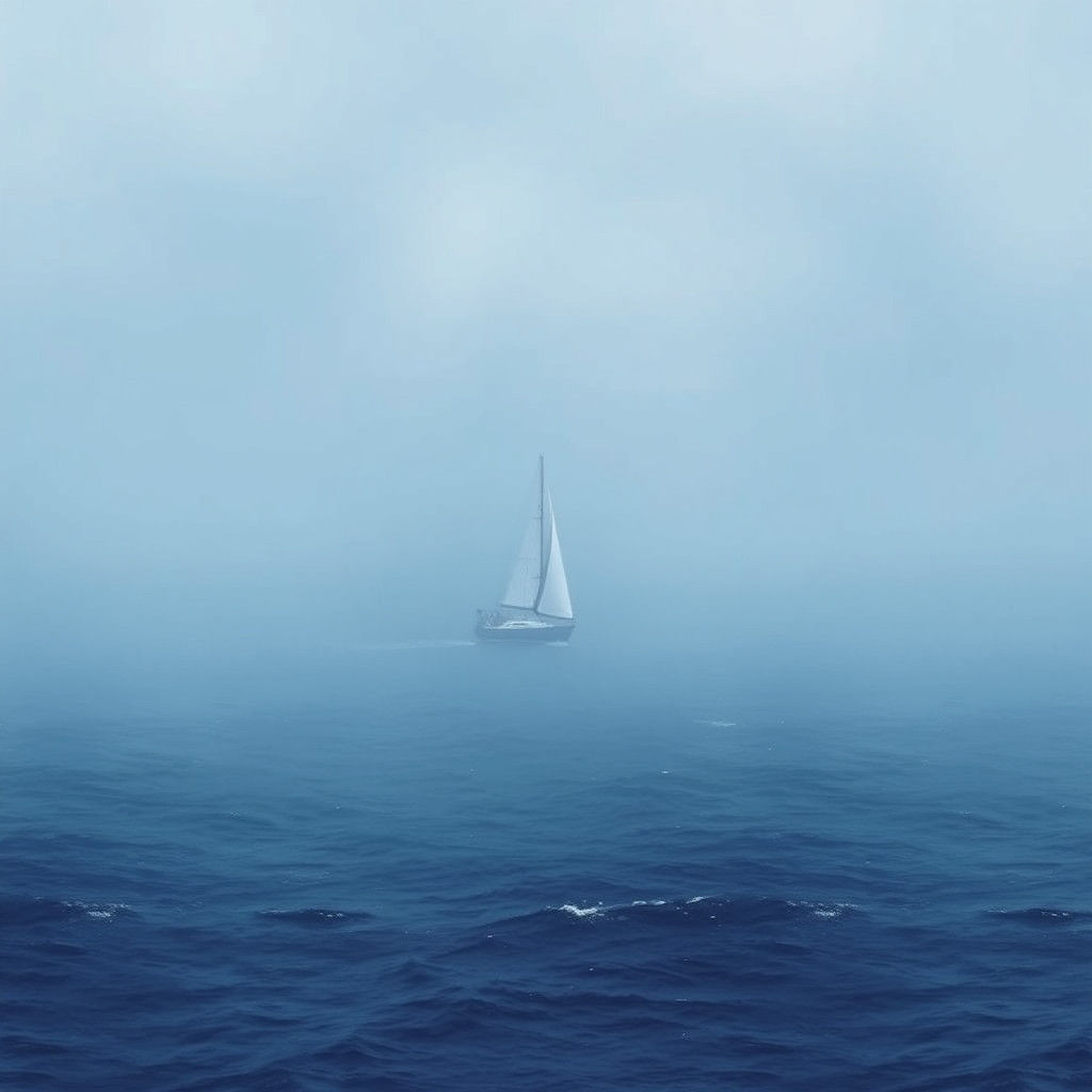 Lonely White Sailboat on Misty Blue Sea