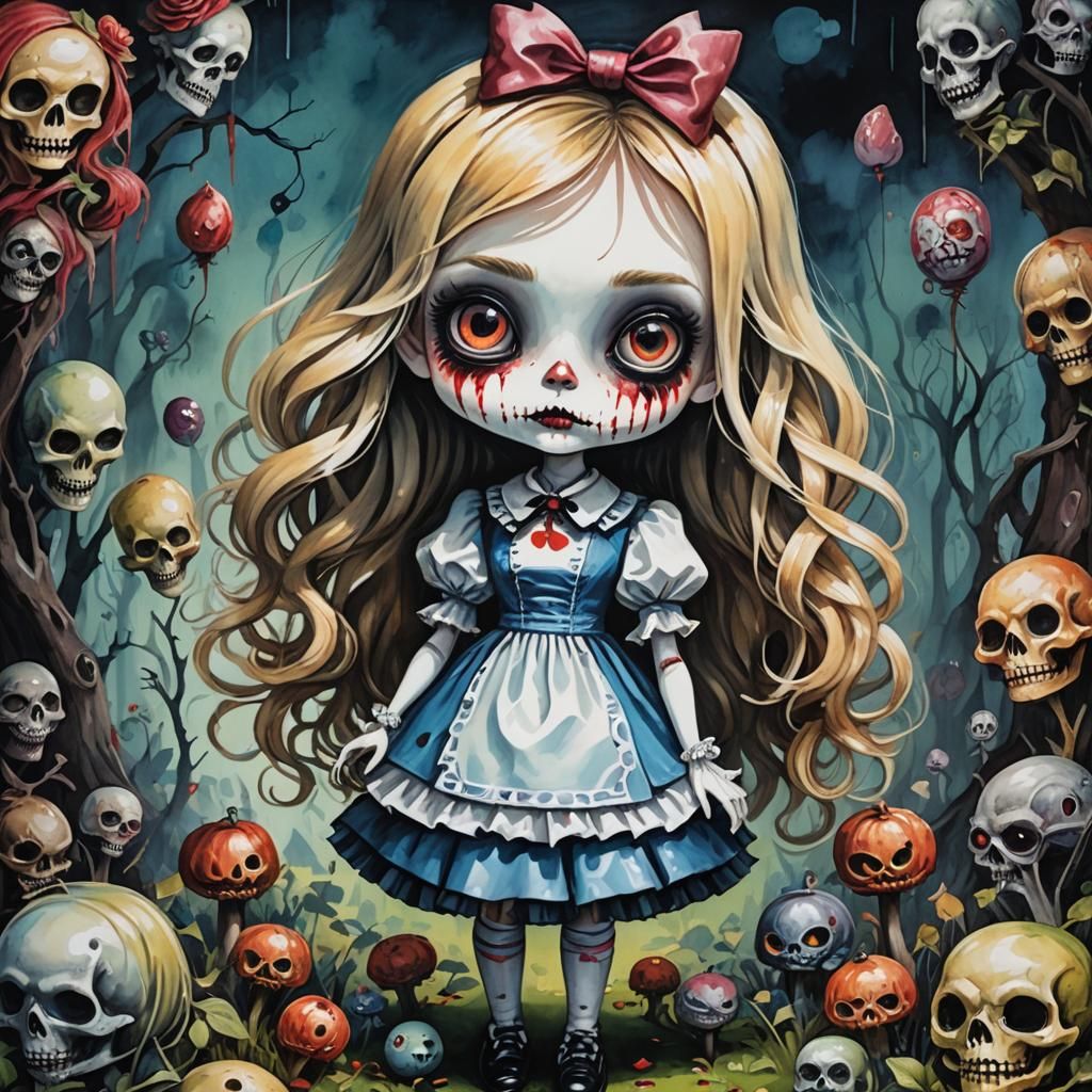 Chibi Zombie Alice in Wonderland: Gouache Painting