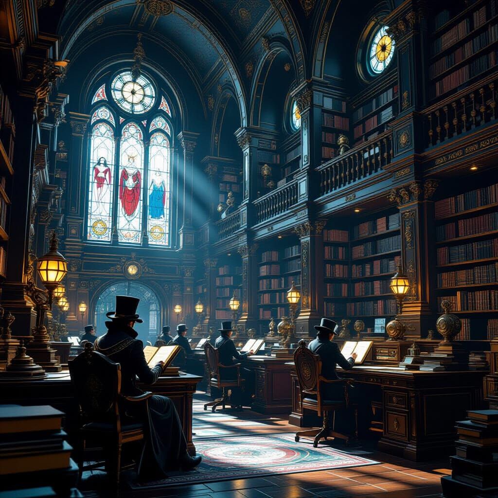 Steampunk Scholar in Library of Clockwork Books