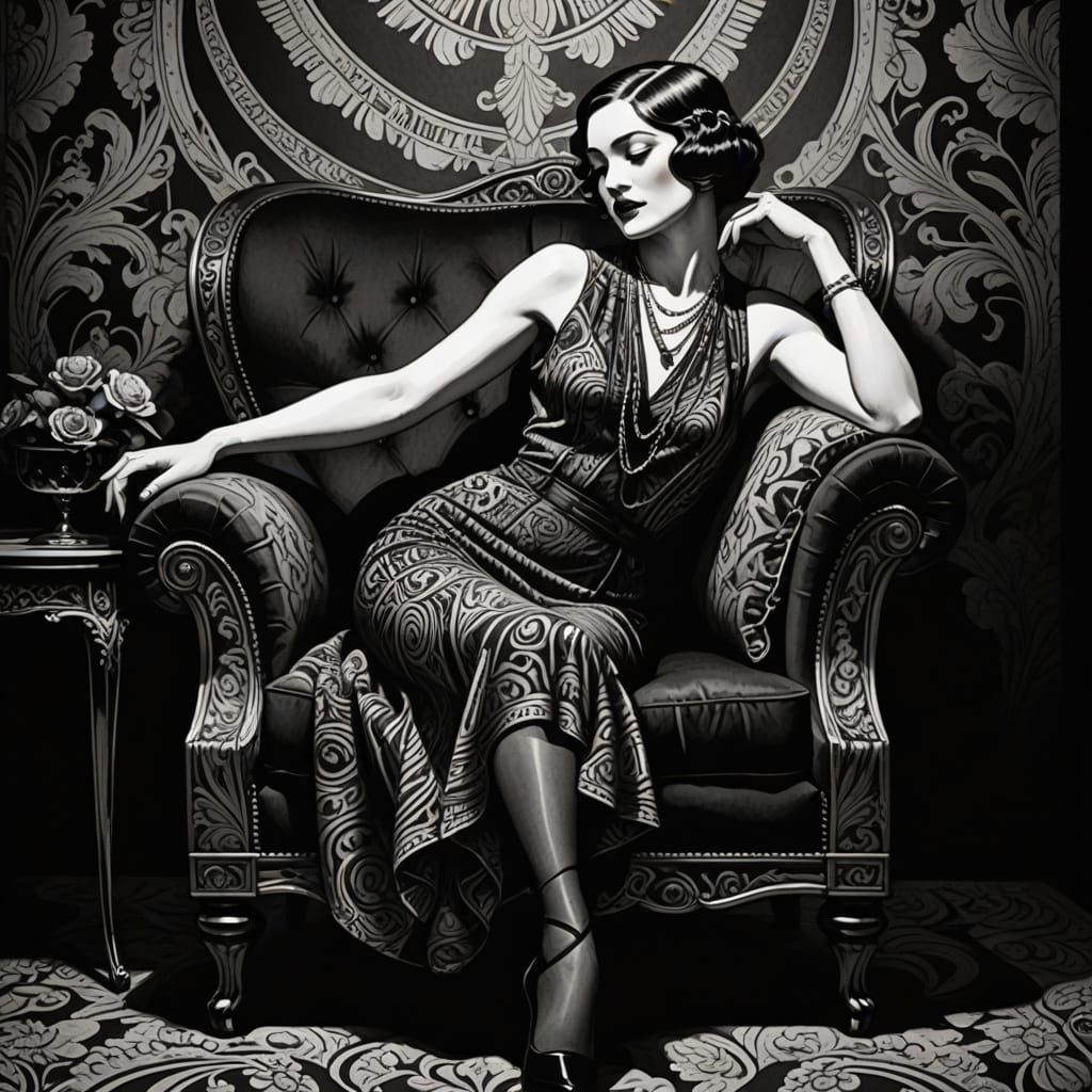 Seductive Flapper Woman in Armchair Ink Illustration