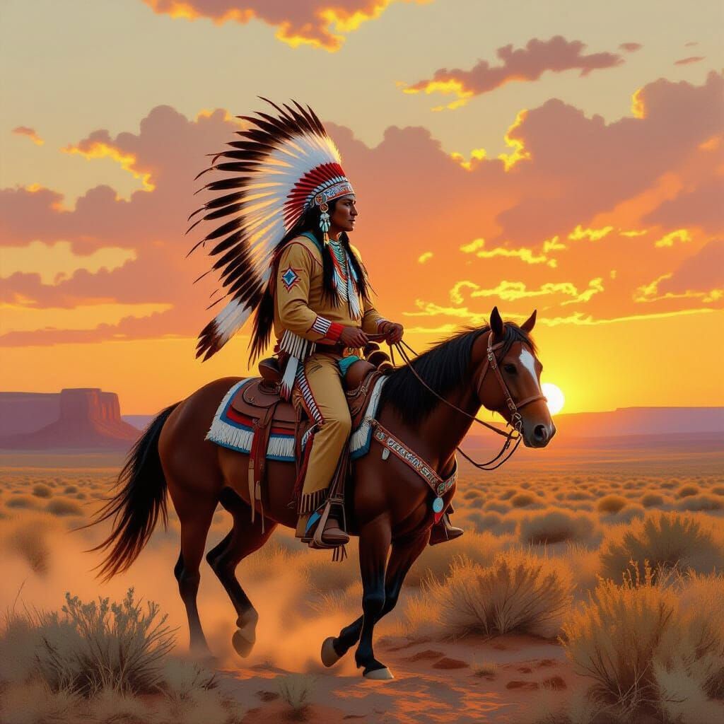Apache Warrior Rides at Sunset in Classic Western Style