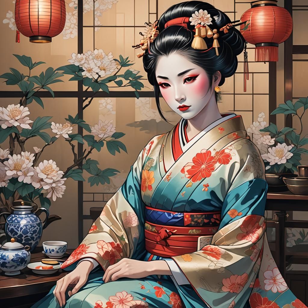 Anime-Style Geisha in Tea Room: Studio Trigger Design
