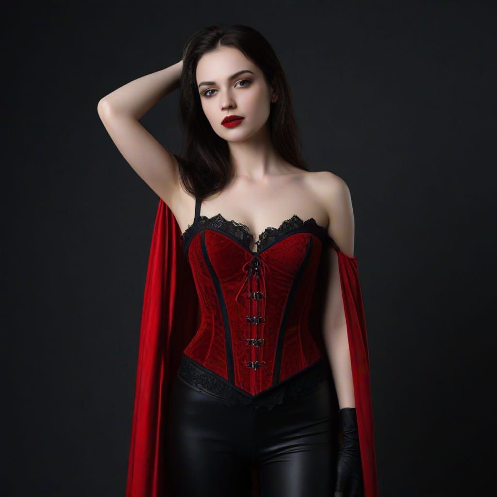 Gothic Vampire Woman in Red Velvet Corset and Cape
