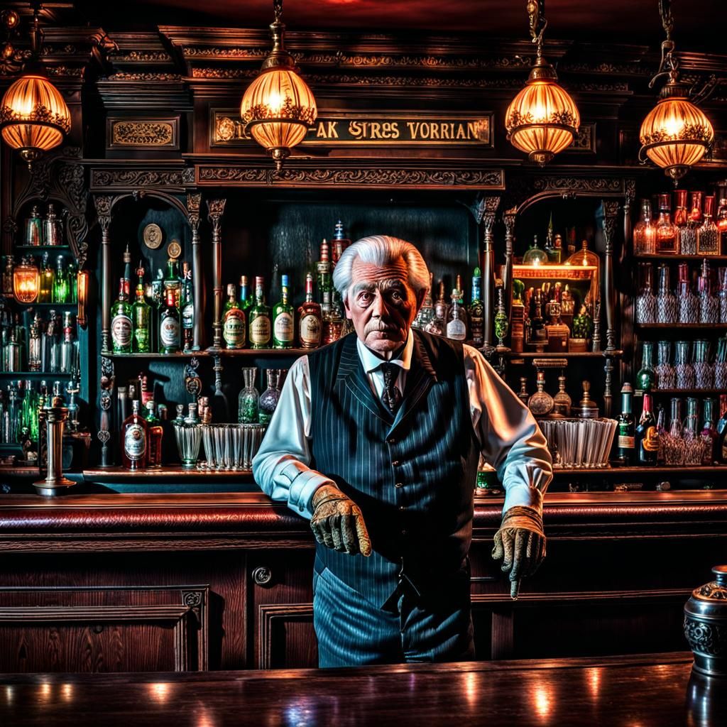 Eldritch Victorian Bartender in Arkham, Hyperrealistic Digit...