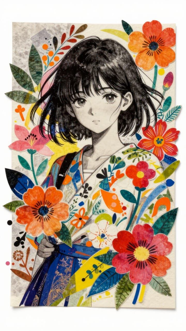 Anime Girl with Flowers, Abstract Collage Style