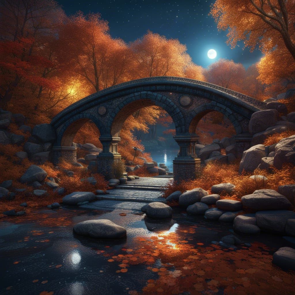 Moonlit Stone Bridge with Autumnal Colors