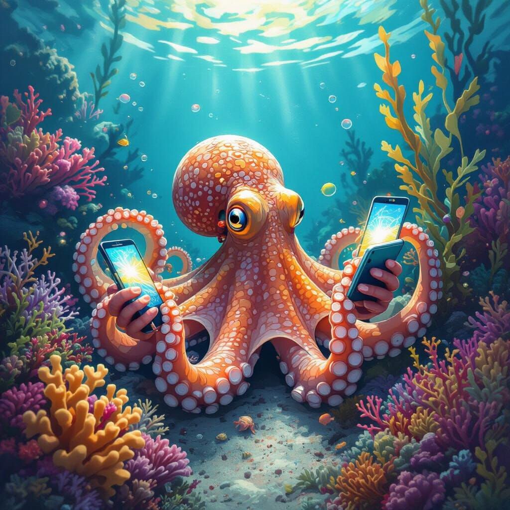 Octopus Interacts with Glowing Phones in Coral Garden