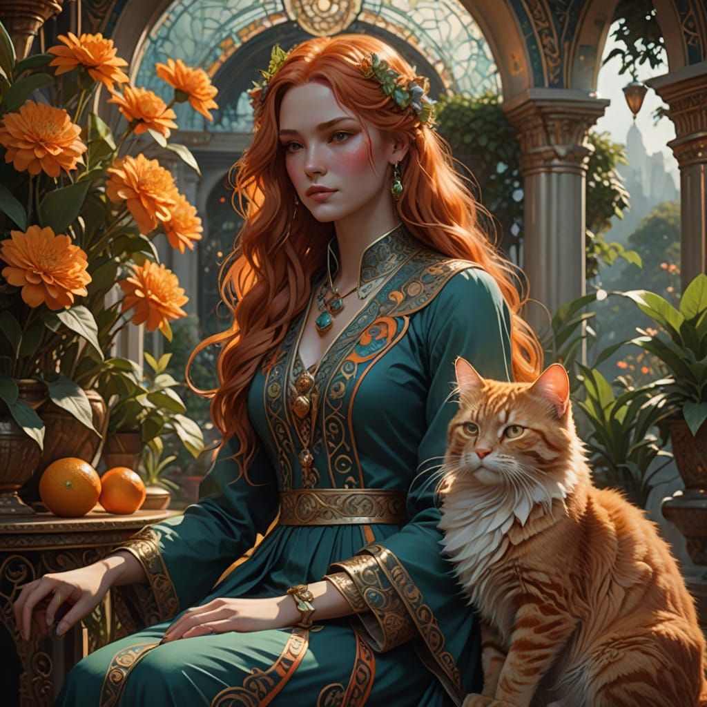 Ethereal Woman and Feline Companion in Art Nouveau Style