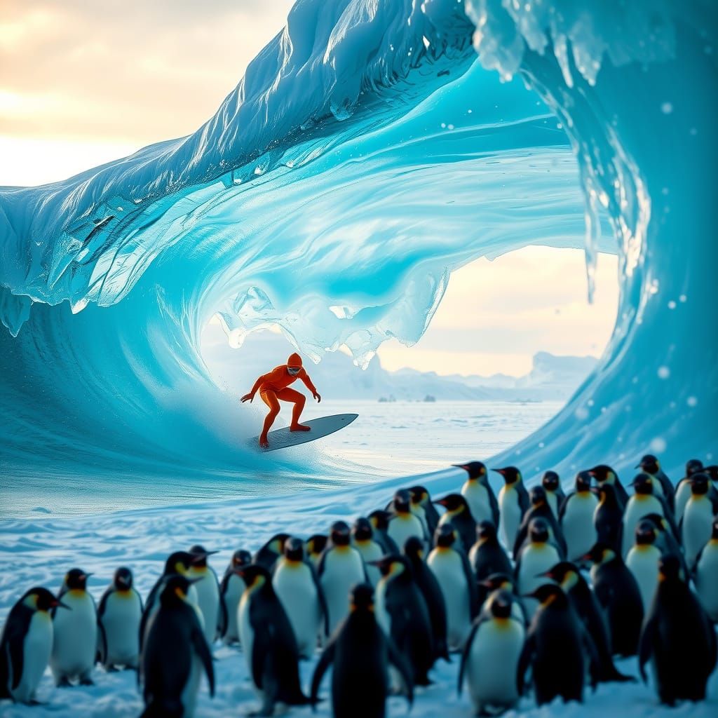 Surfer Rides Crystal Ice Wave in Antarctic Sunrise