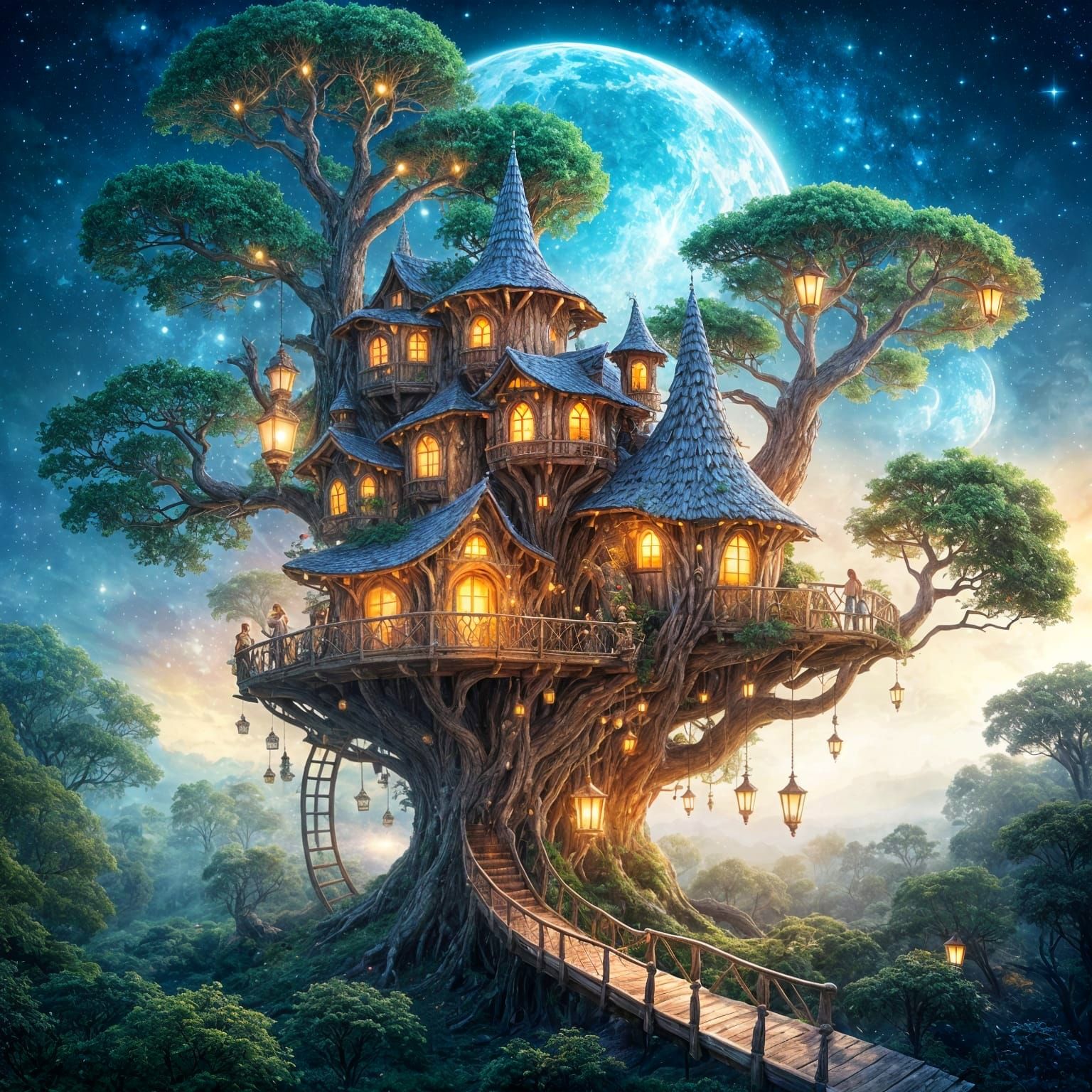Enchanting Treehouse Adorned with Moonlight and Stardust