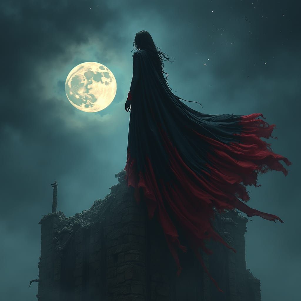 Ethereal Vampire Goddess Amidst Gothic Ruins