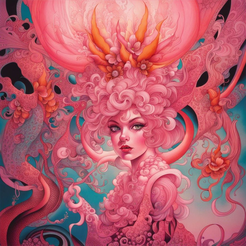 Psychedelic Dream Girl Illustration in Pink Ink