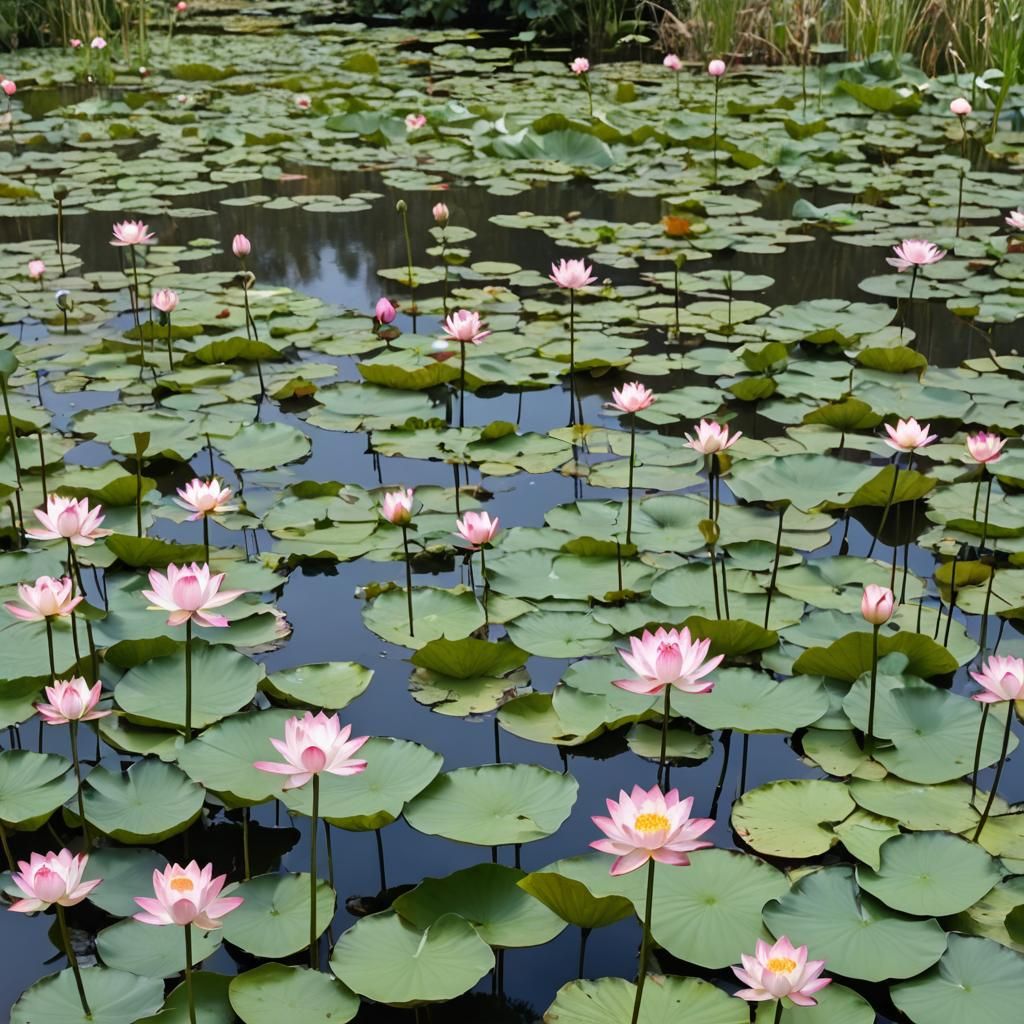 Lush Lily Pond with Frogs and Hummingbirds