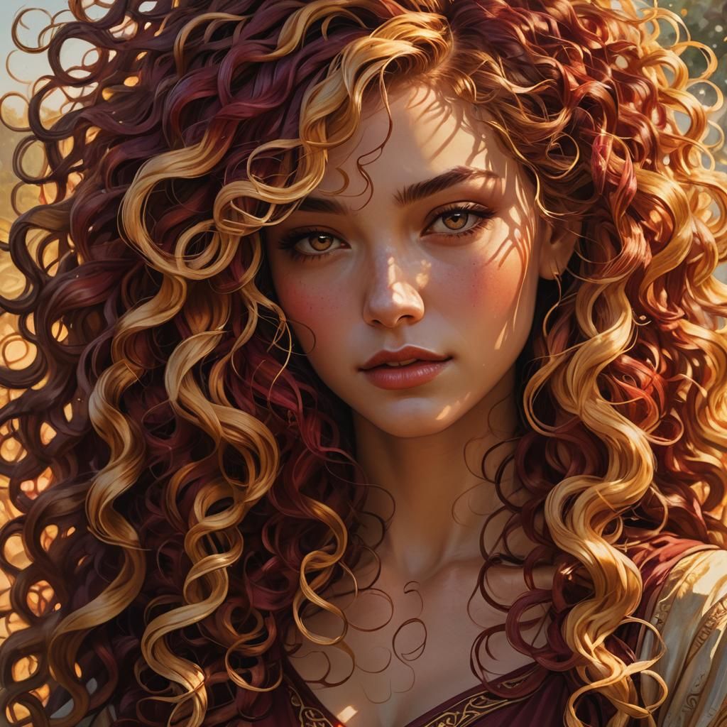 Fantasy Portrait: Woman with Flowing Burgundy and Blonde Hai...