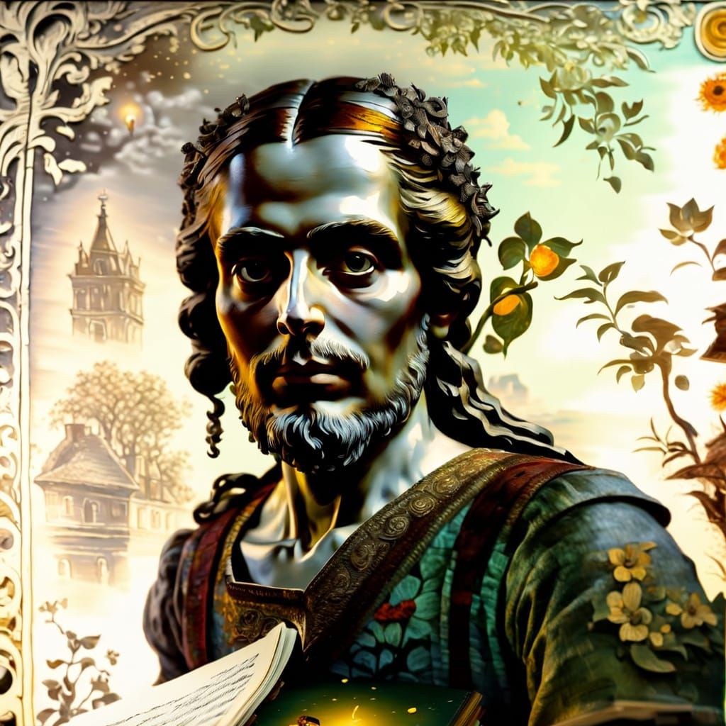 Man Writing Book in Van Gogh Mixed Media Style