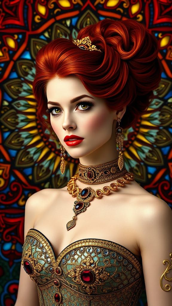 Byzantine Queen with Fiery Hair and Stained Glass