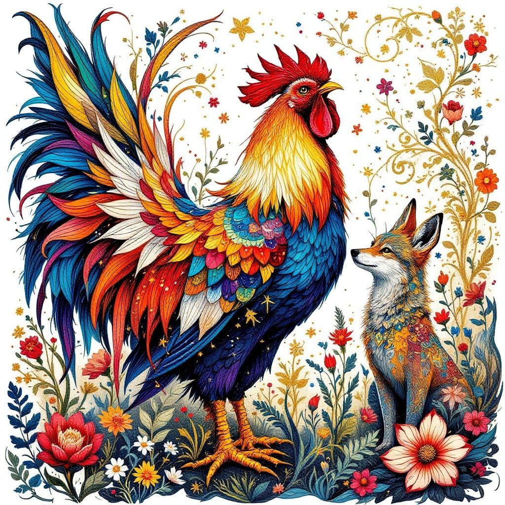 Vibrant Art Nouveau Rooster and Coyote Adorned with Klimt-In...