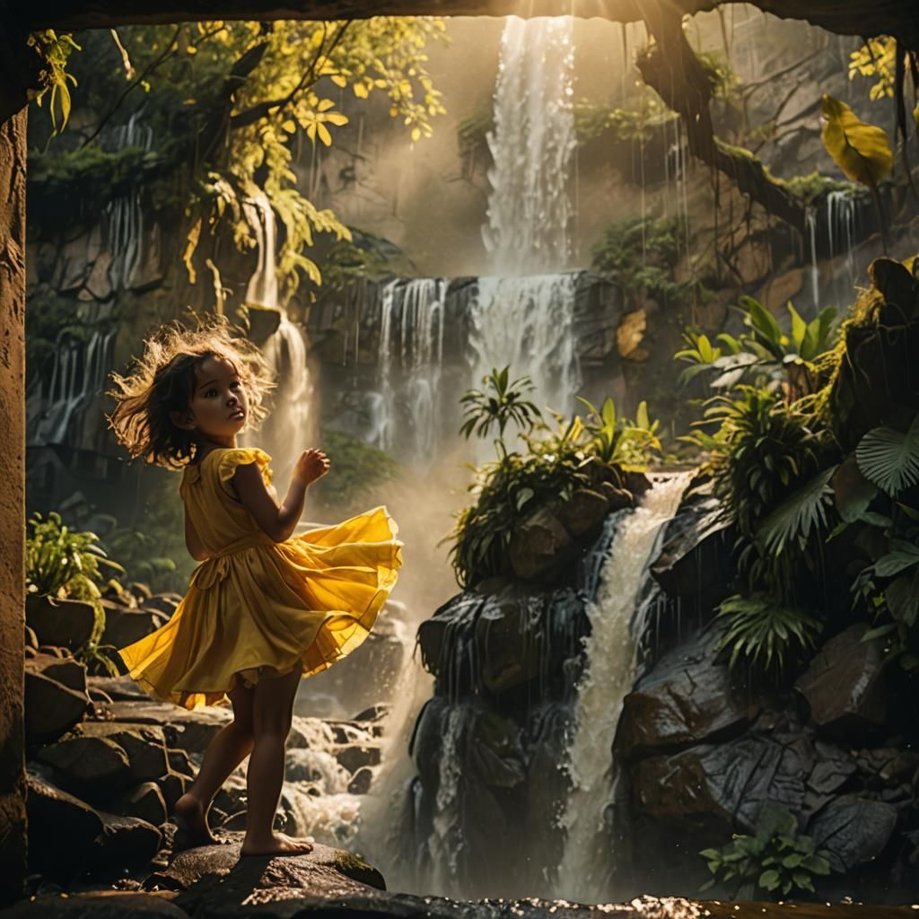 Girl in Yellow Dress at Waterfall: Cinematic Photography