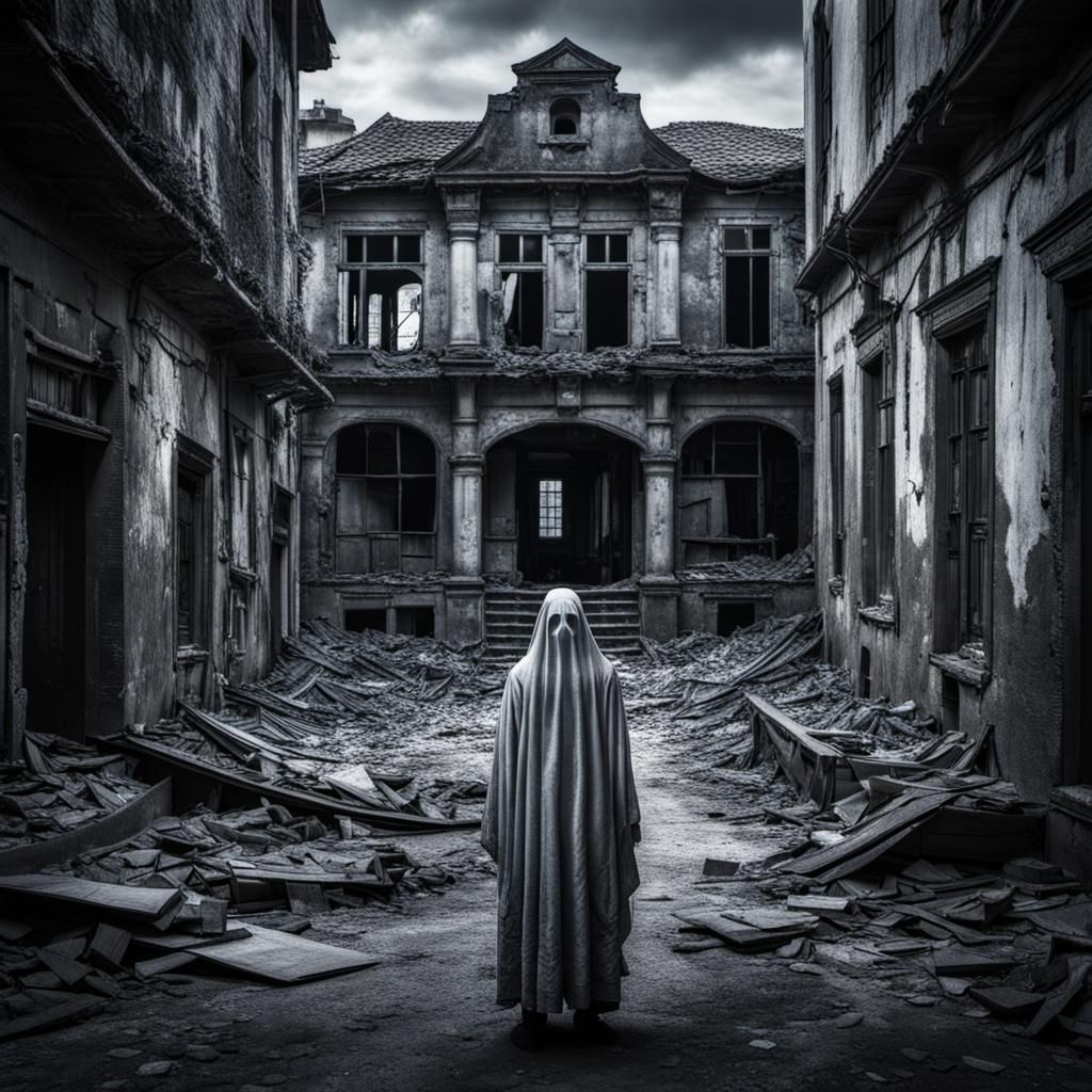Ghostly Figure in Abandoned Town: Hyperrealistic Image