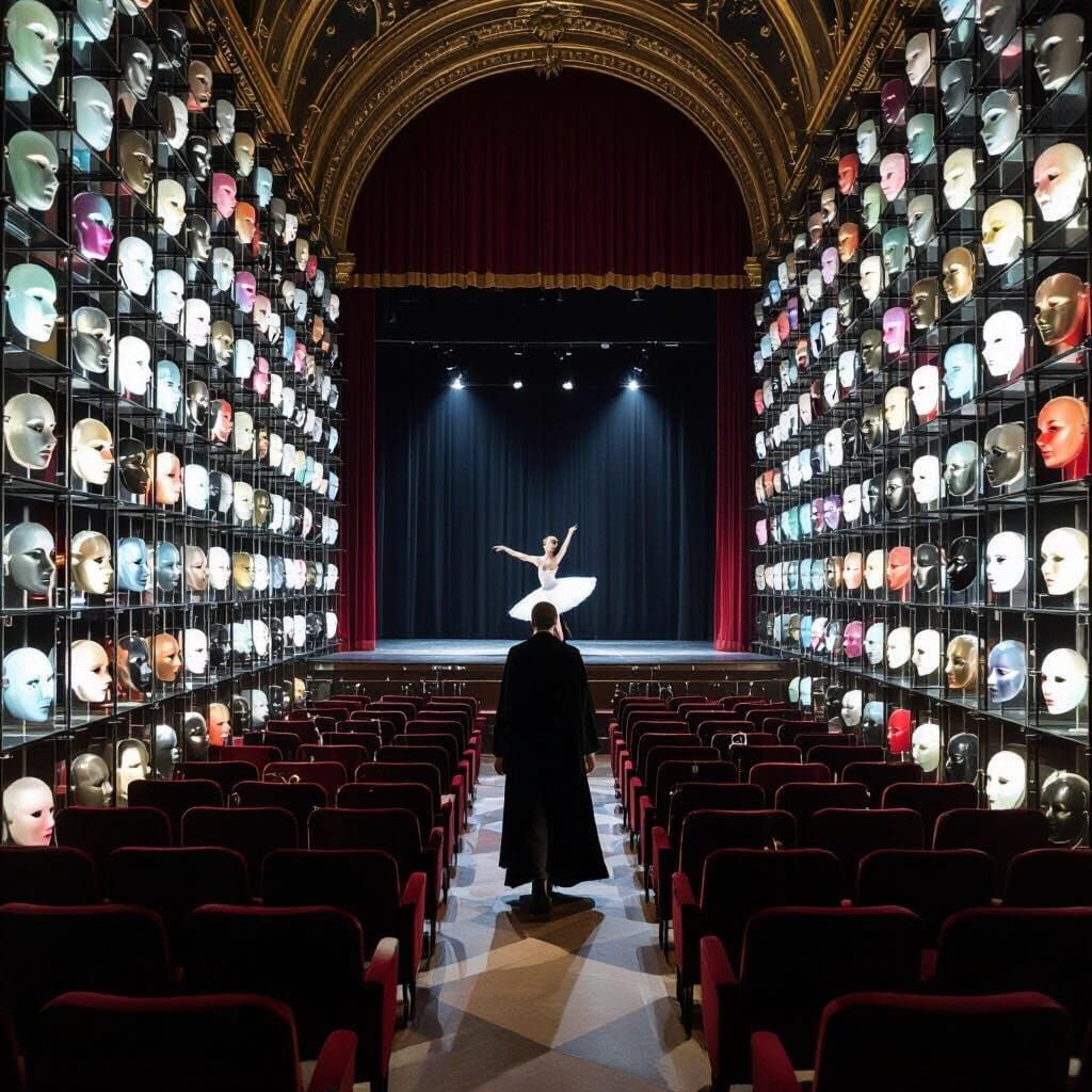 Eerie Glass Masks in Cathedral Vault Watched by Mannequins
