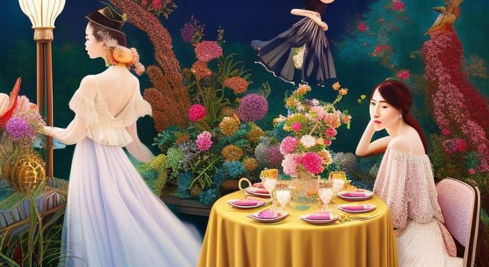 Vintage Tea Party with Mountain View, Detailed Digital Art