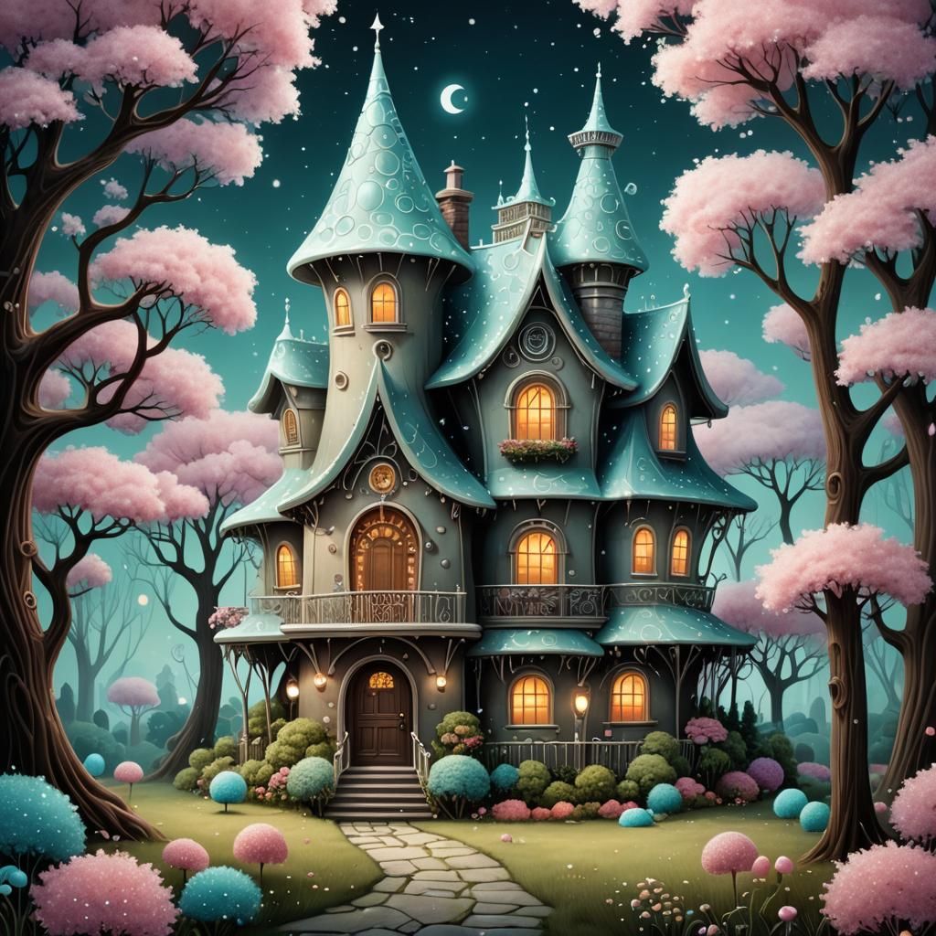 Whimsical Glistening House with Sugary Crystals
