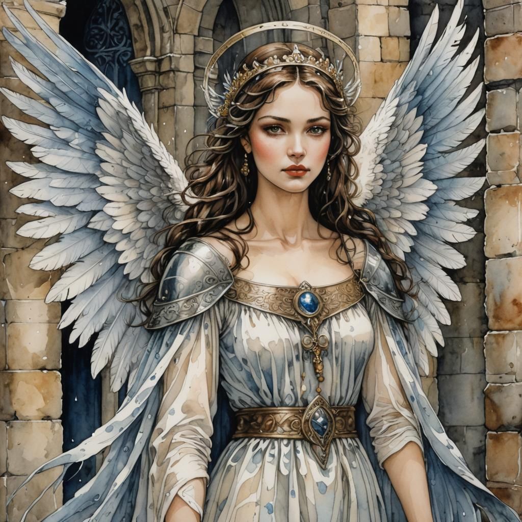 Medieval Angel in Castle Watercolor Art