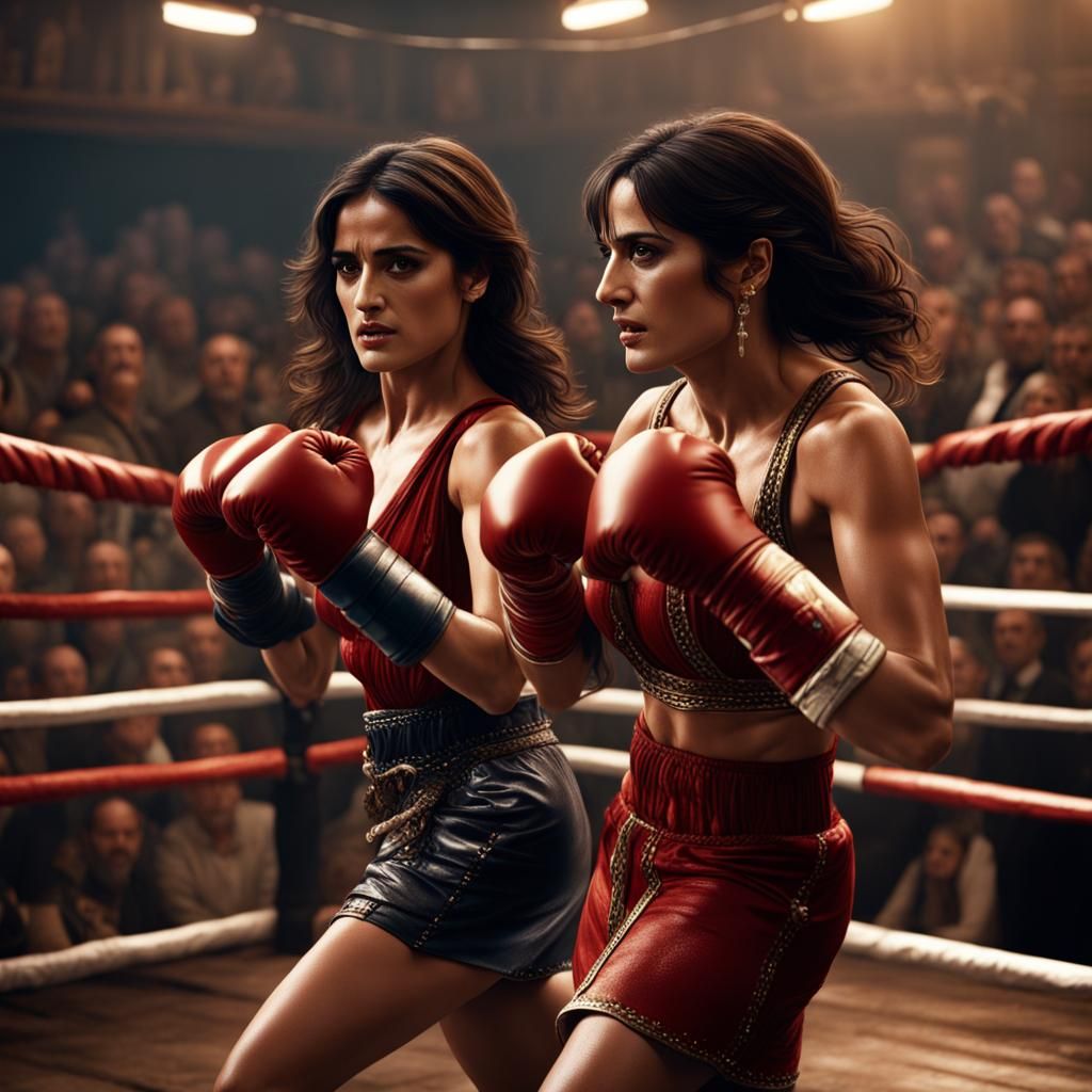 Salma Hayek and Penelope Cruz Boxing Match, Digital Art