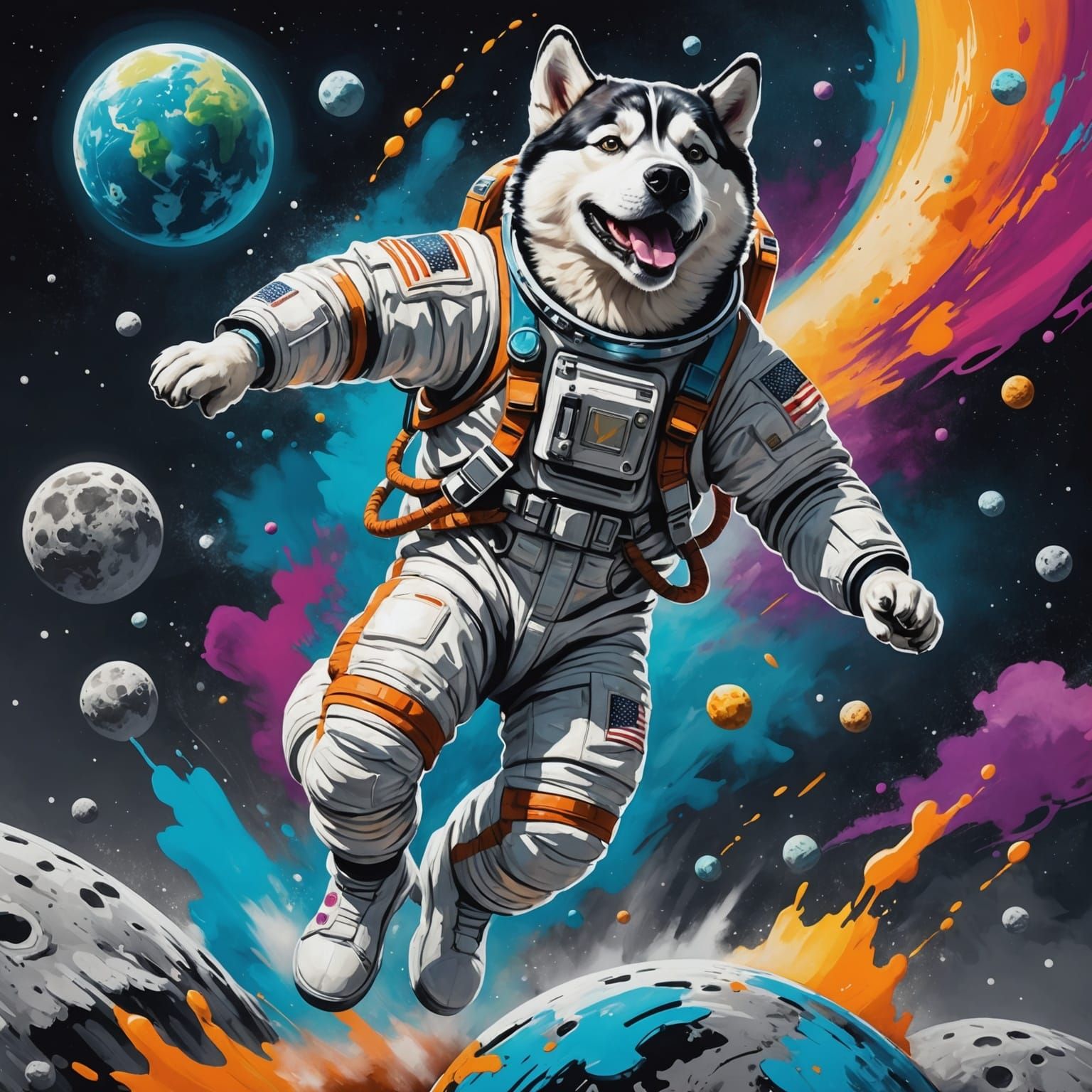 Husky Astronaut's Joyful Moon Leap: Graffiti Splash Art