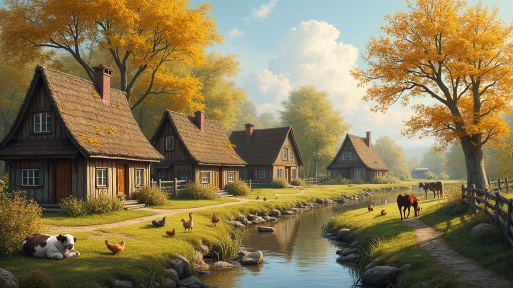 Idyllic Autumn Village Scene with Wooden Houses and Tall Tre...