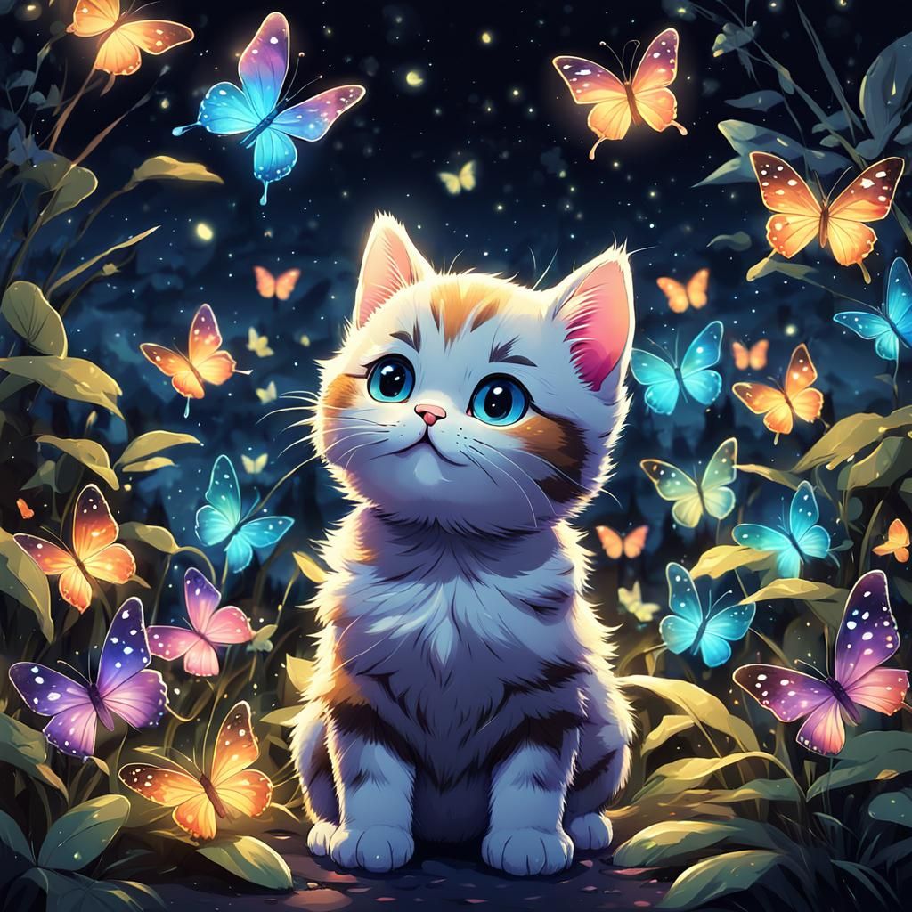 Cute Kitten Plays with Butterflies: Manga Style