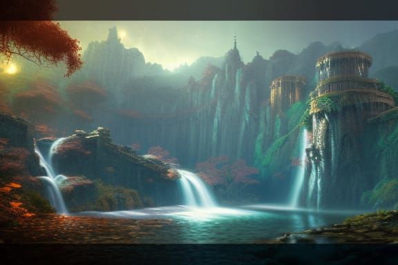 Fantastical Waterfall Landscape in Synthwave Style